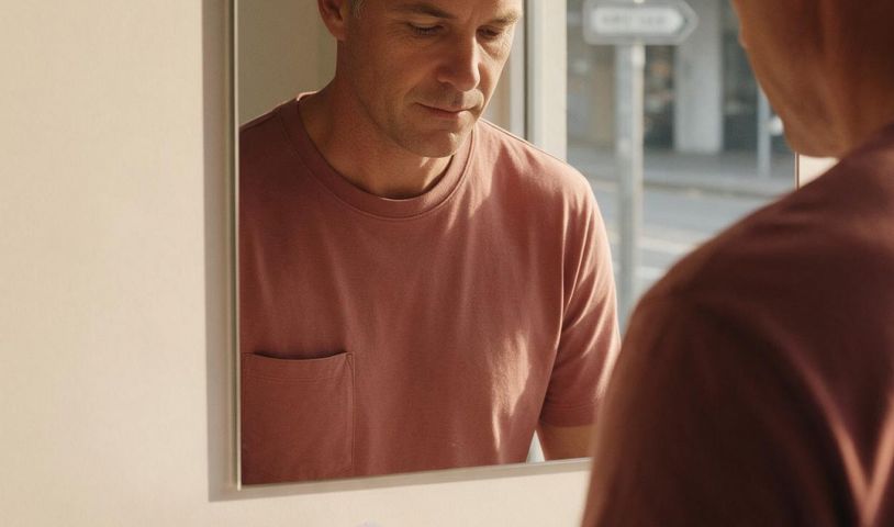 Man looking at his reflection in a bathroom mirror